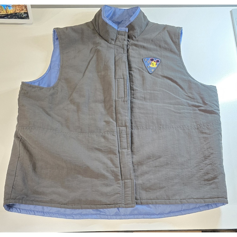 VINTAGE Disney Vest‎ Adult Medium Gray Blue Reversible Puffer Vest Mickey Mouse